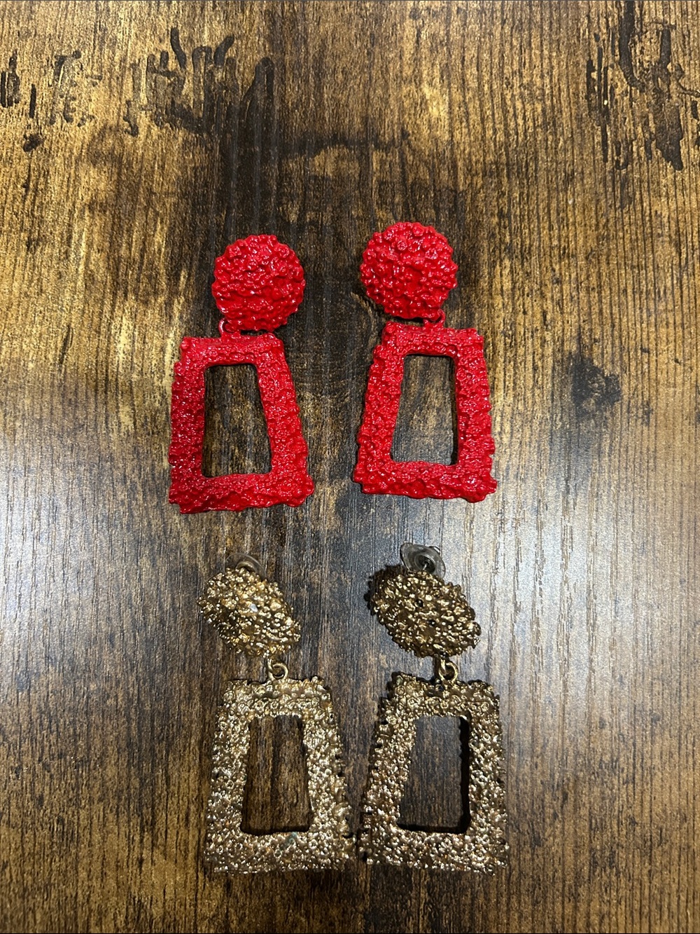 2 Sets of Textured Statement Drop Earrings - Red and Gold